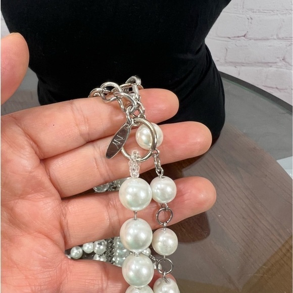 New York & Company Faux Pearls and Silvertone Chain 3 layer statement necklace - Picture 7 of 10